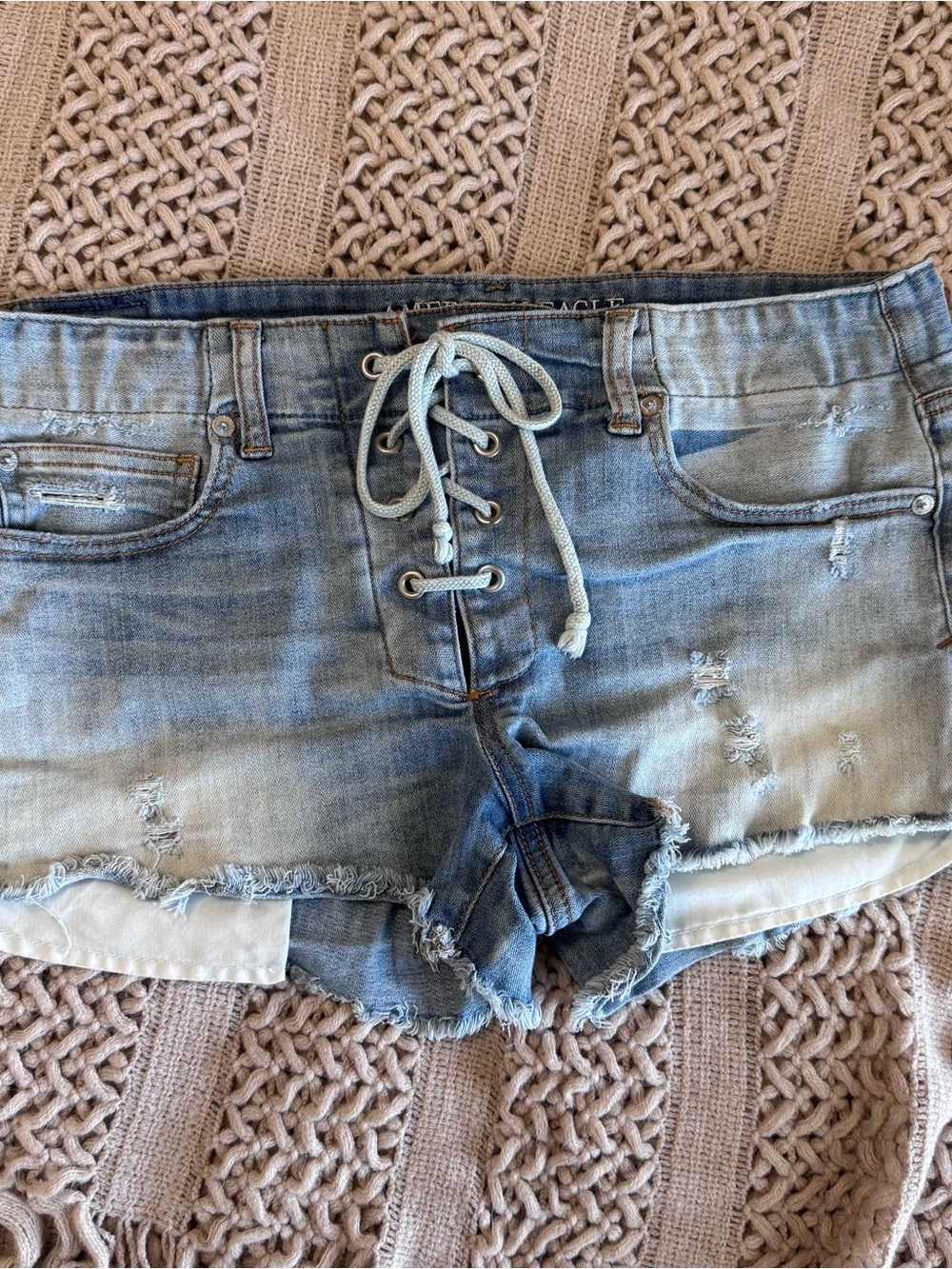 American Eagle Shortie Super Stretch Lace Up Distressed Denim Shorts Size 12